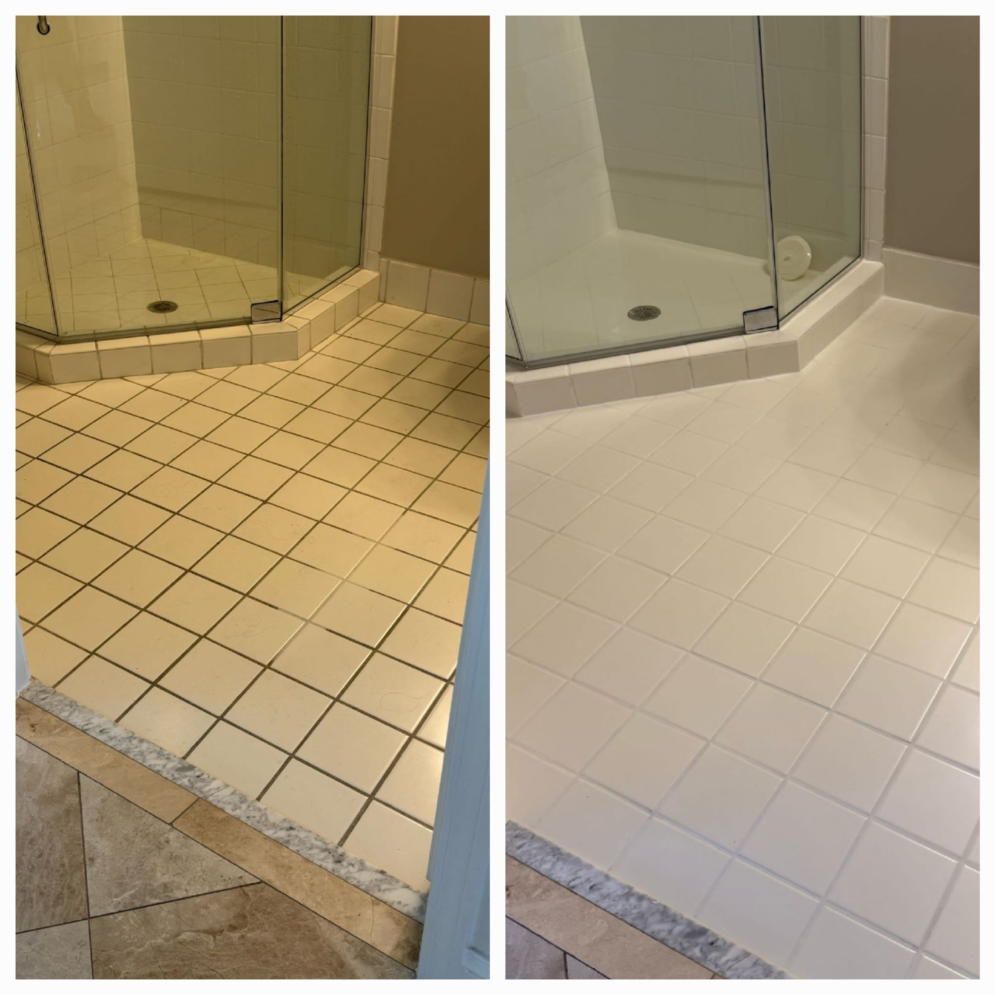 before and after bathroom from yellow to white floor