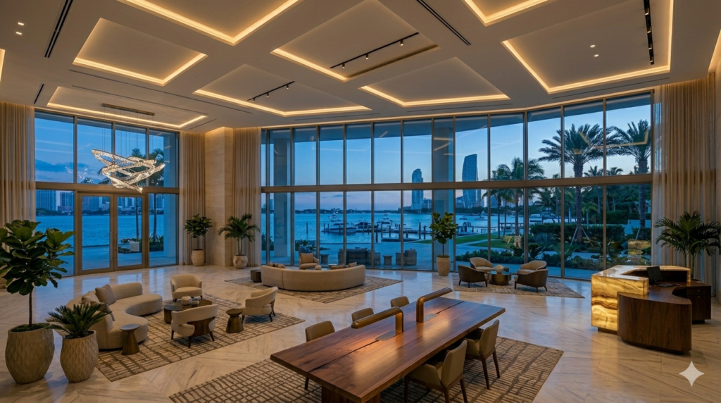 Luxury hotel lobby marble floor restoration in South Florida