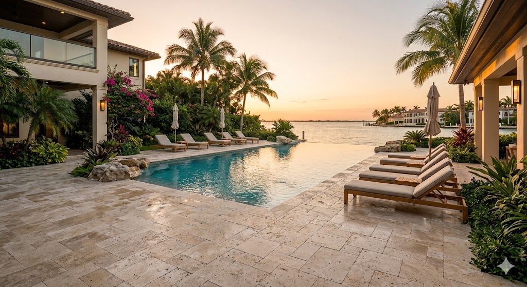 South Florida travertine pool deck restoration at a luxury waterfront estate