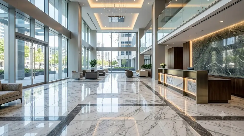 Commercial stone restoration in a luxury office building lobby