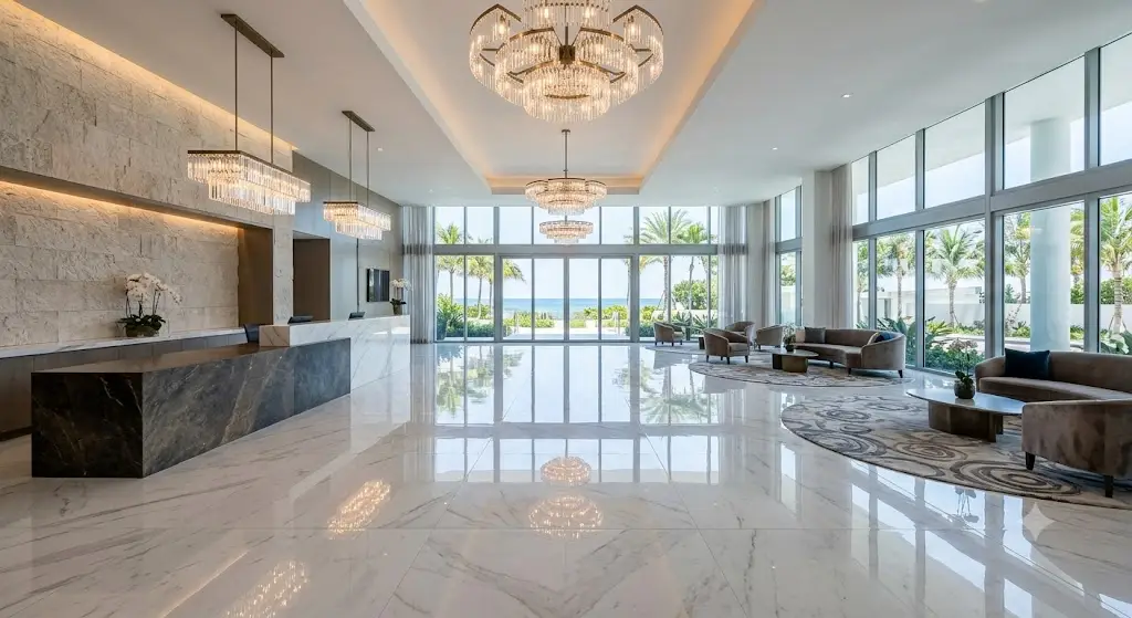 Luxury resort lobby with polished marble flooring and elegant stone architecture.