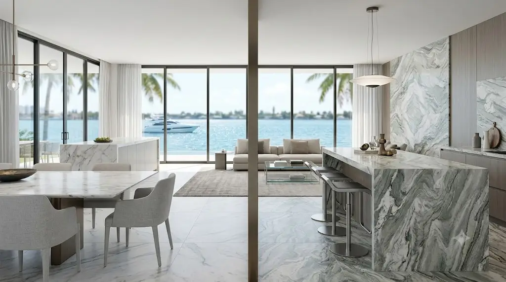 Marble vs Quartzite: What High-End Homeowners Need to Know 1 Marble vs quartzite comparison in a luxury South Florida estate