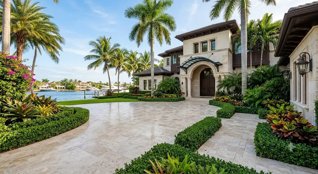 Luxury home with natural stone driveway and walkway in South Florida.