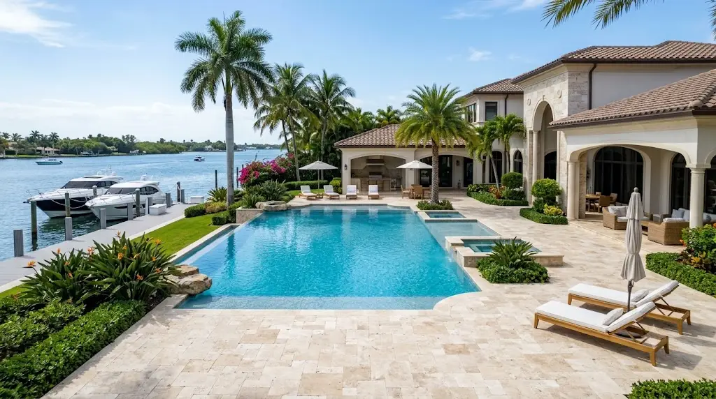 Pool deck travertine protection at a luxury South Florida waterfront estate