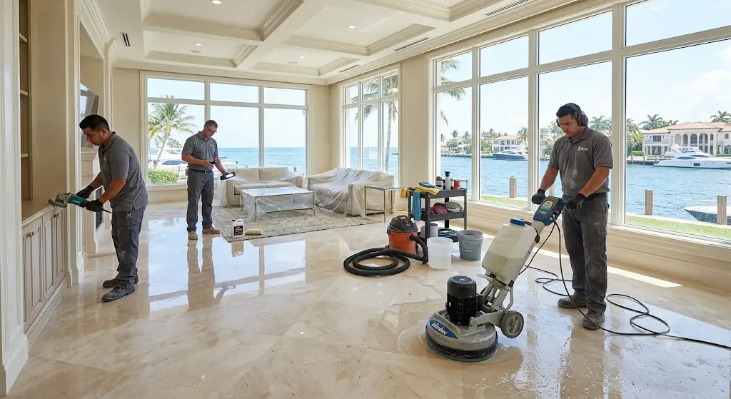 Professional marble restoration process in a luxury South Florida estate