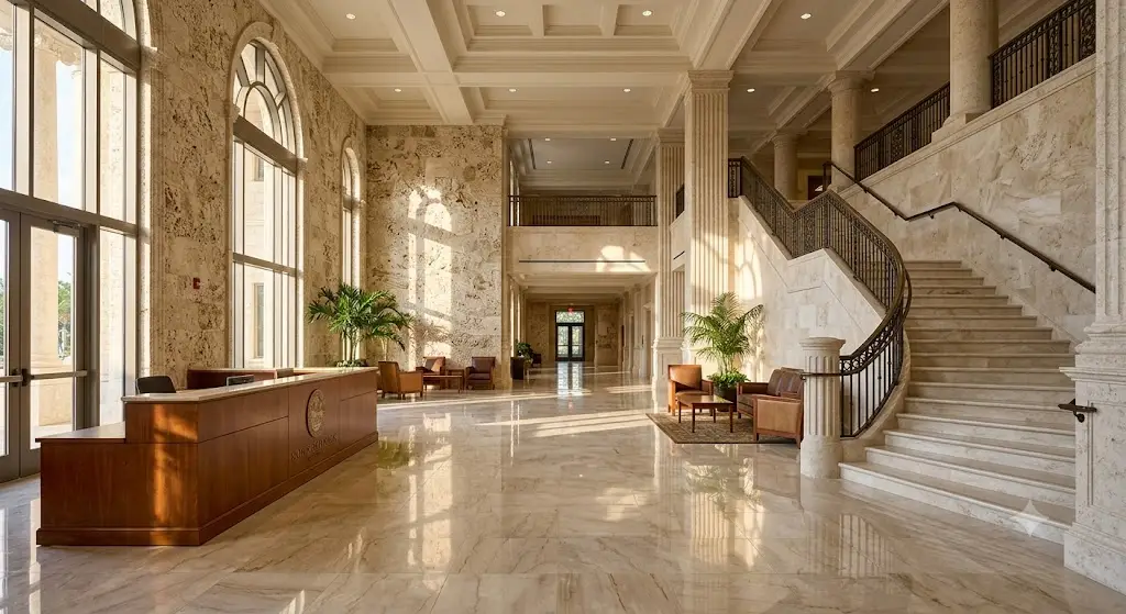Polished natural stone flooring inside a government building public facility.