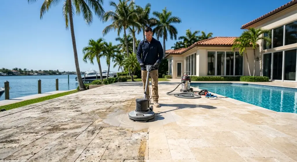 Professional travertine restoration on a luxury South Florida pool deck.