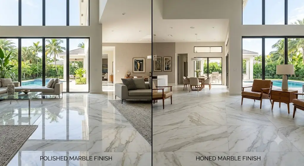 Comparison of polished marble and honed marble flooring in a luxury home.