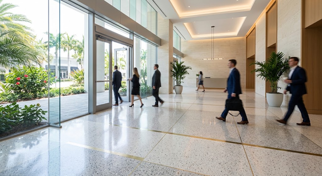 Terrazzo floor in a high-traffic commercial building entrance.