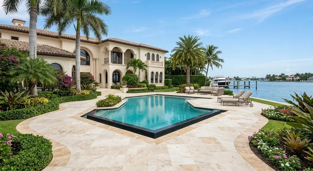 Why Limestone Requires Different Care Than Marble Outdoors 1 Luxury South Florida home with an outdoor limestone patio and walkway.