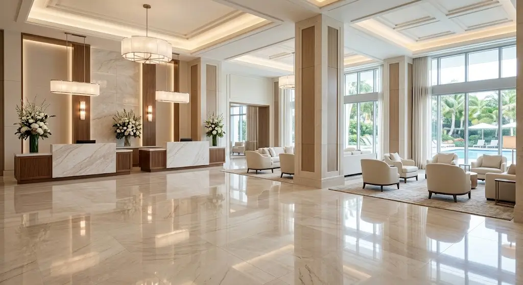 Why Luxury Hotels Invest in Routine Stone Floor Maintenance 2 Luxury hotel lobby with professionally maintained natural stone flooring.