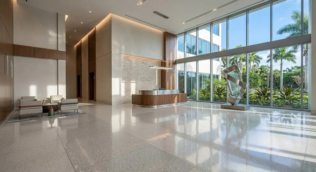 Polished terrazzo floor in a luxury commercial building lobby.